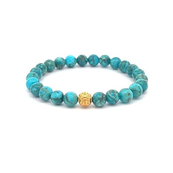18K Gold Money Ball Lucky Bracelet Gemstones Turquoise 6mm - Picture 1 of 5